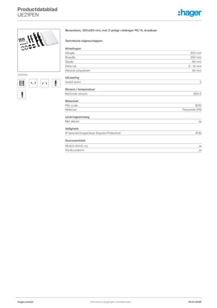 Afbeelding Hager Productdatablad UE21PEN | Hager Nederland