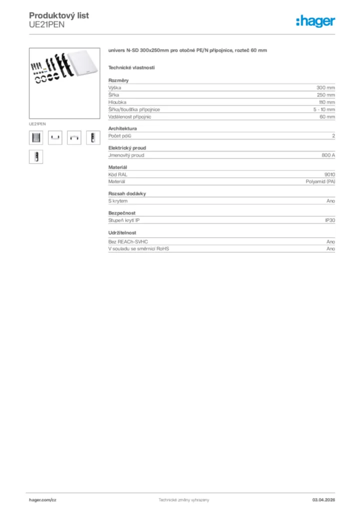 Obrázek Hager Product data sheet UE21PEN | Hager