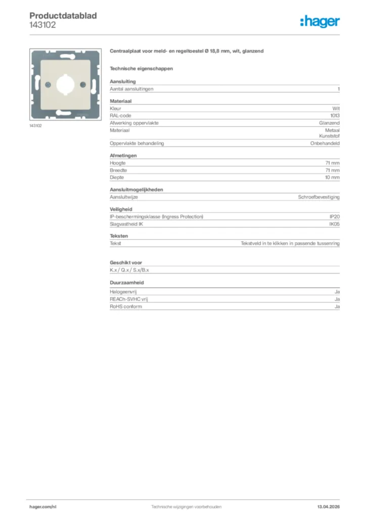 Afbeelding Hager Productdatablad 143102 | Hager Nederland