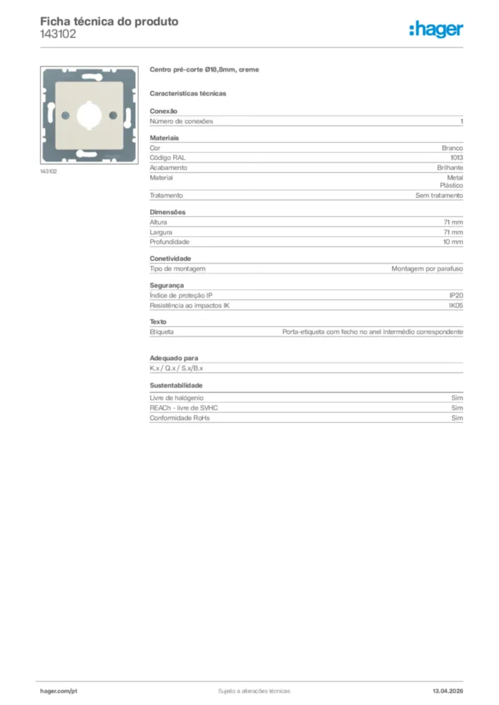 Imagem Hager Ficha técnica do produto 143102 | Hager Portugal