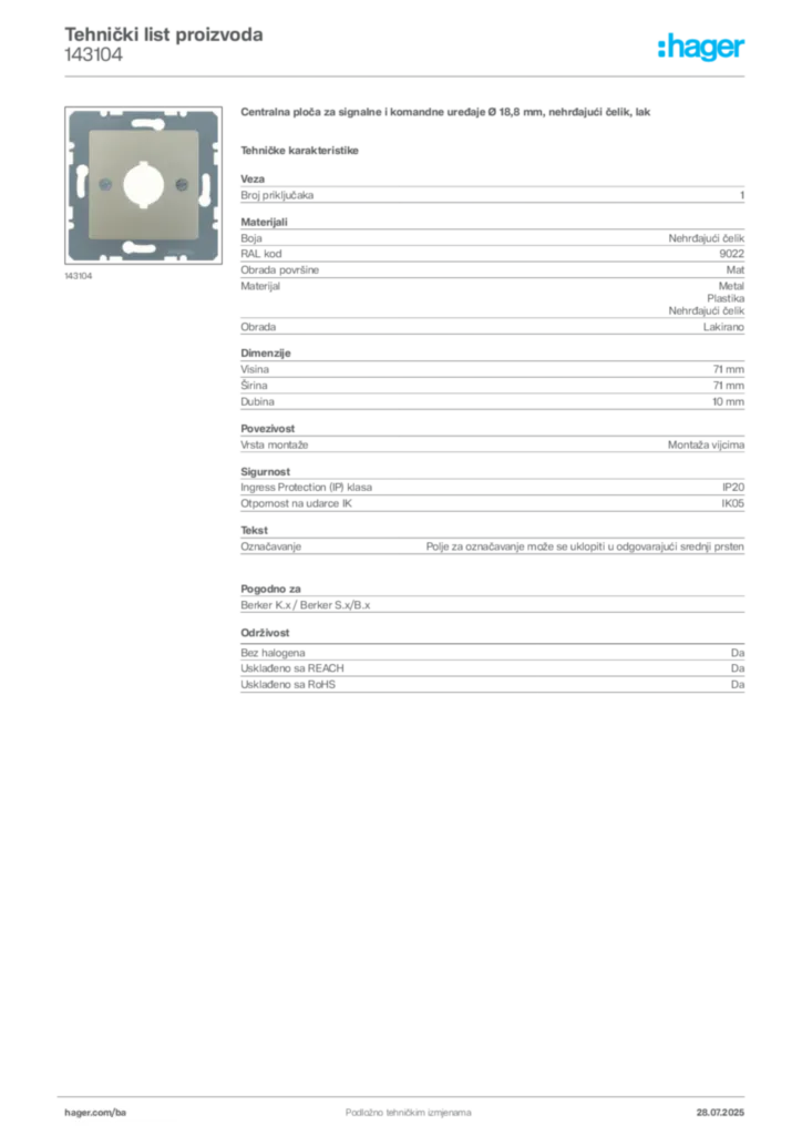 Slika Hager Product data sheet 143104  | Hager
