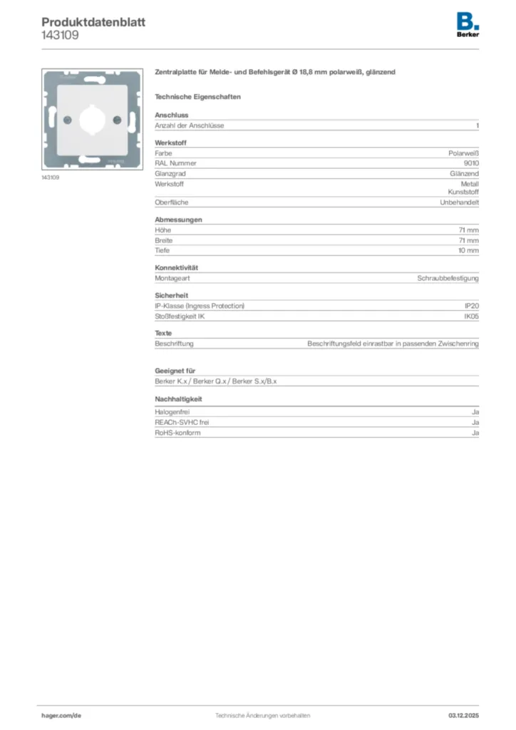 Bild Berker Produktdatenblatt 143109 | Hager Deutschland