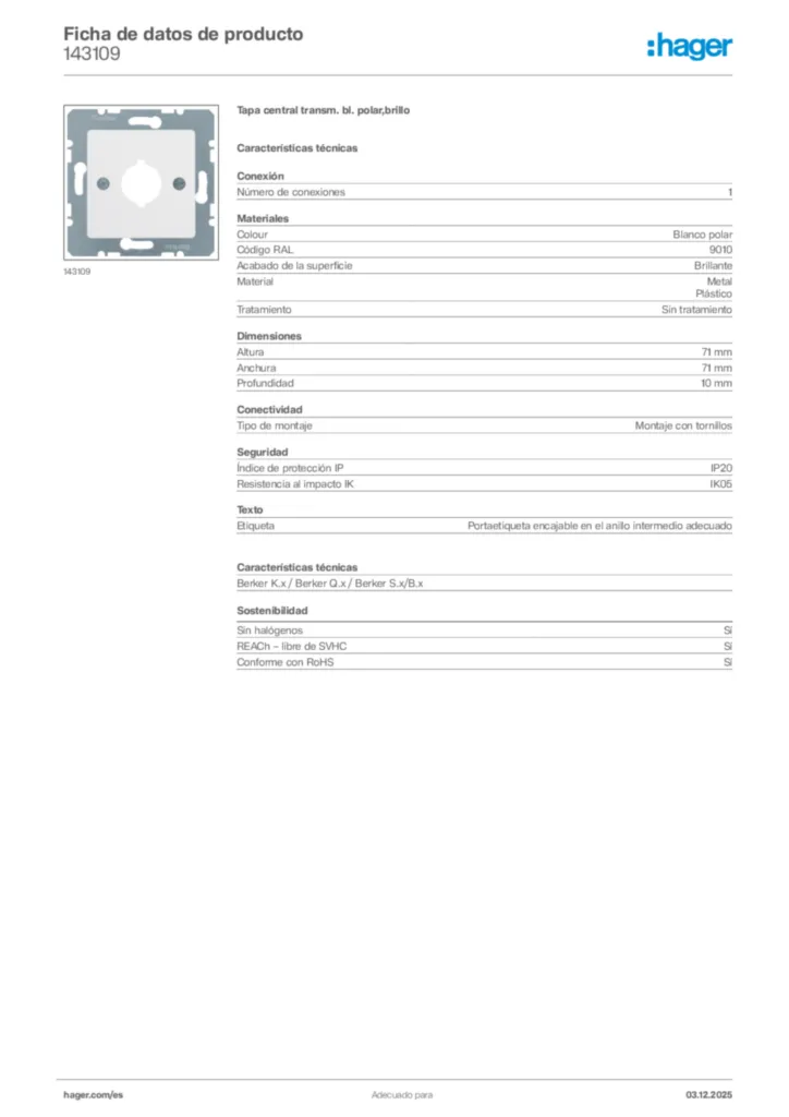 Imagen Hager Ficha de datos de producto 143109 | Hager España