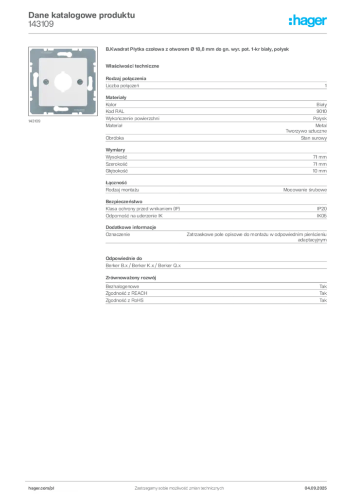 Zdjęcie Hager Dane katalogowe produktu 143109 | Hager Polska