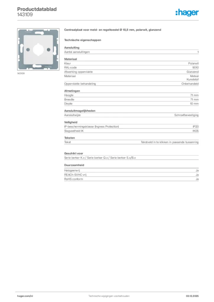 Afbeelding Hager Productdatablad 143109 | Hager Nederland