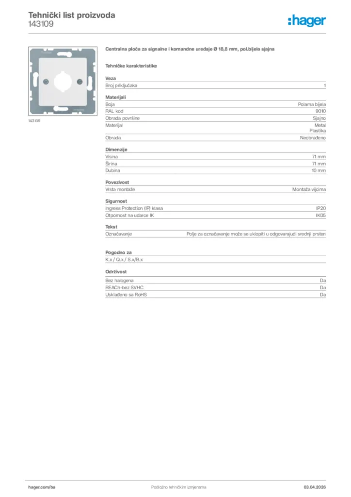 Slika Hager Tehnički list proizvoda 143109  | Hager