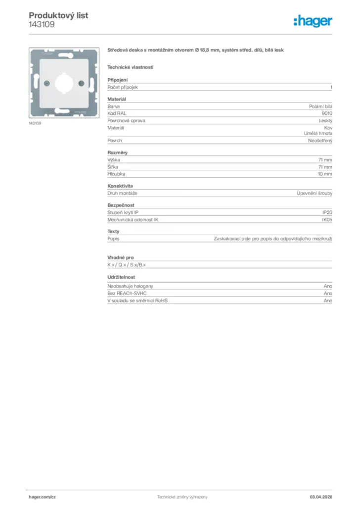 Obrázek Hager Product data sheet 143109 | Hager