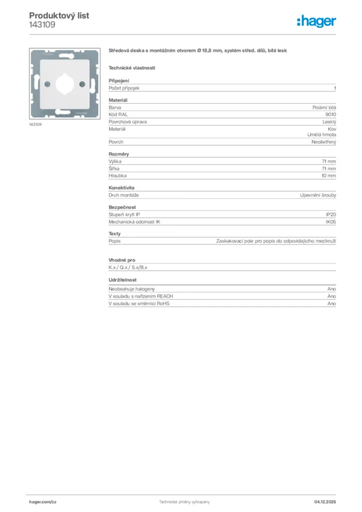 Obrázek Hager Produktový list 143109 | Hager