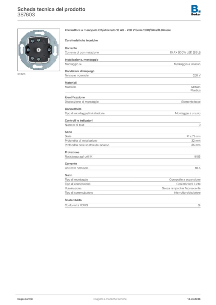 Immagine Berker Scheda tecnica del prodotto 387603 | Hager Italia