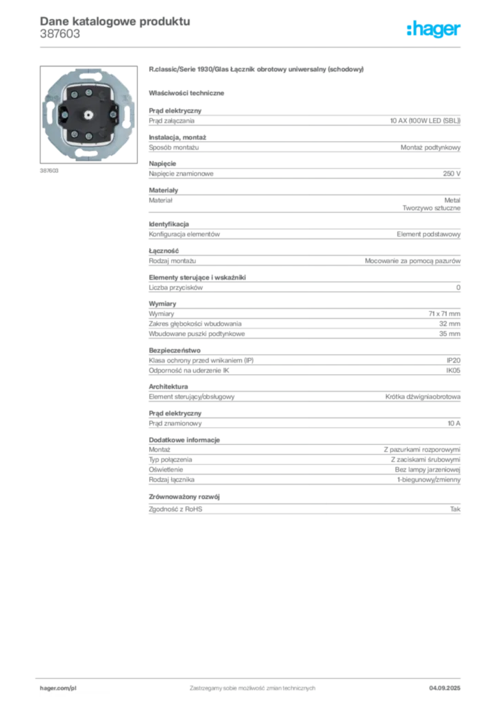 Zdjęcie Hager Dane katalogowe produktu 387603 | Hager Polska