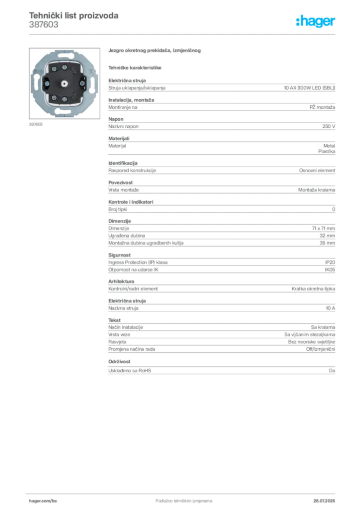 Slika Hager Product data sheet 387603  | Hager