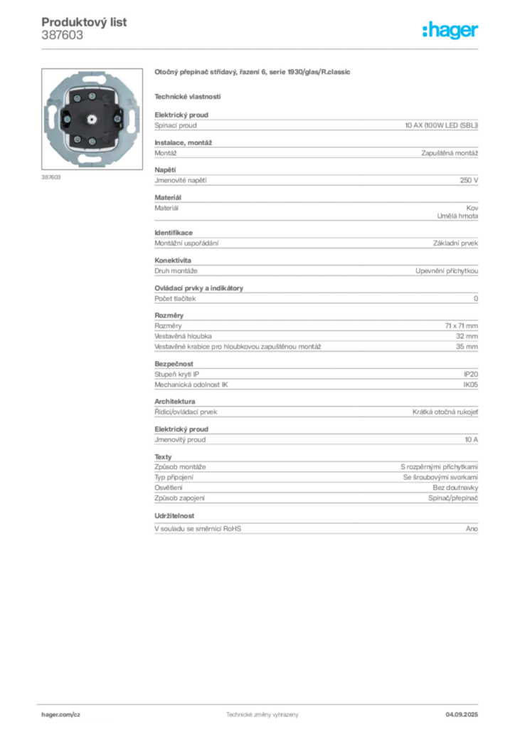 Obrázek Hager Produktový list 387603 | Hager