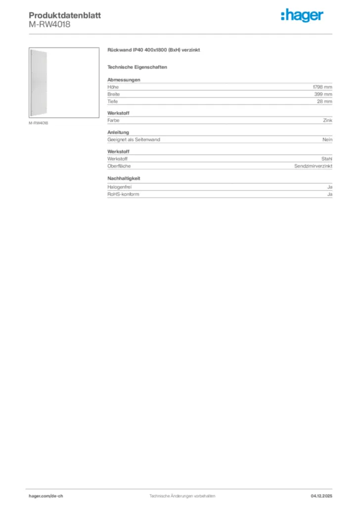 Bild Hager Produktdatenblatt M-RW4018 | Hager Schweiz