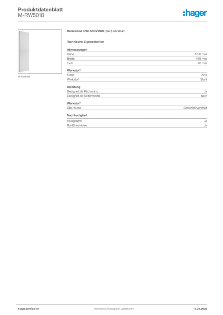 Bild Hager Produktdatenblatt M-RW5018 | Hager Schweiz
