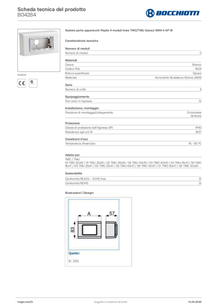 Immagine Bocchiotti Scheda tecnica del prodotto B04284 | Hager Italia