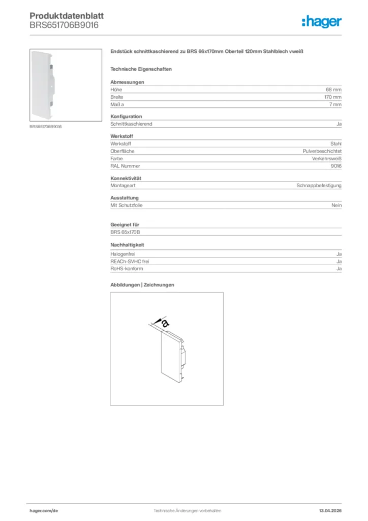 Bild Hager Produktdatenblatt BRS651706B9016 | Hager Deutschland