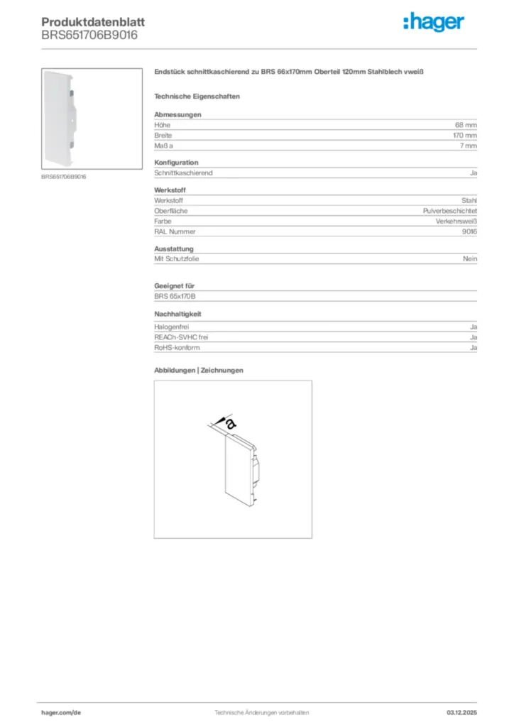 Bild Hager Produktdatenblatt BRS651706B9016 | Hager Deutschland
