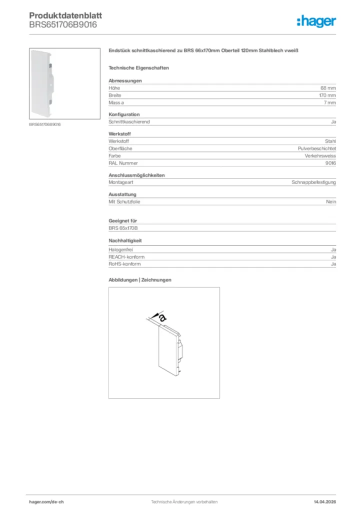 Bild Hager Produktdatenblatt BRS651706B9016 | Hager Schweiz