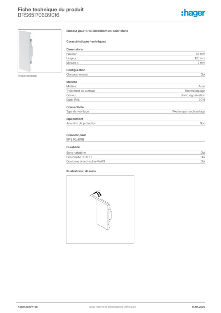 Image Hager Fiche technique du produit BRS651706B9016 | Hager Suisse
