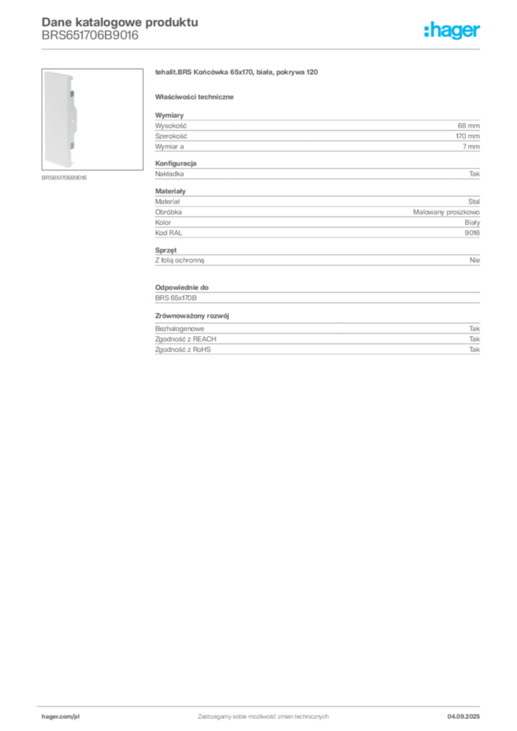 Zdjęcie Hager Dane katalogowe produktu BRS651706B9016 | Hager Polska