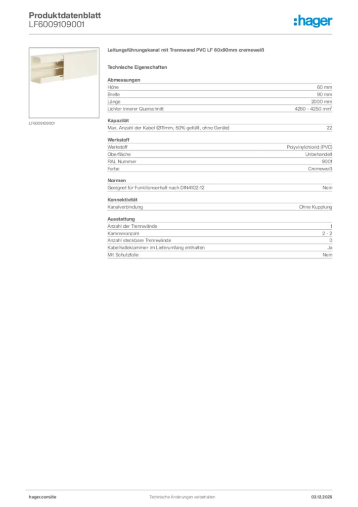 Bild Hager Produktdatenblatt LF6009109001 | Hager Deutschland