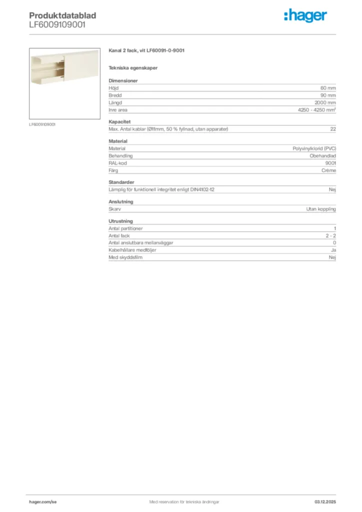 Bild Hager Produktdatablad LF6009109001 | Hager Sverige