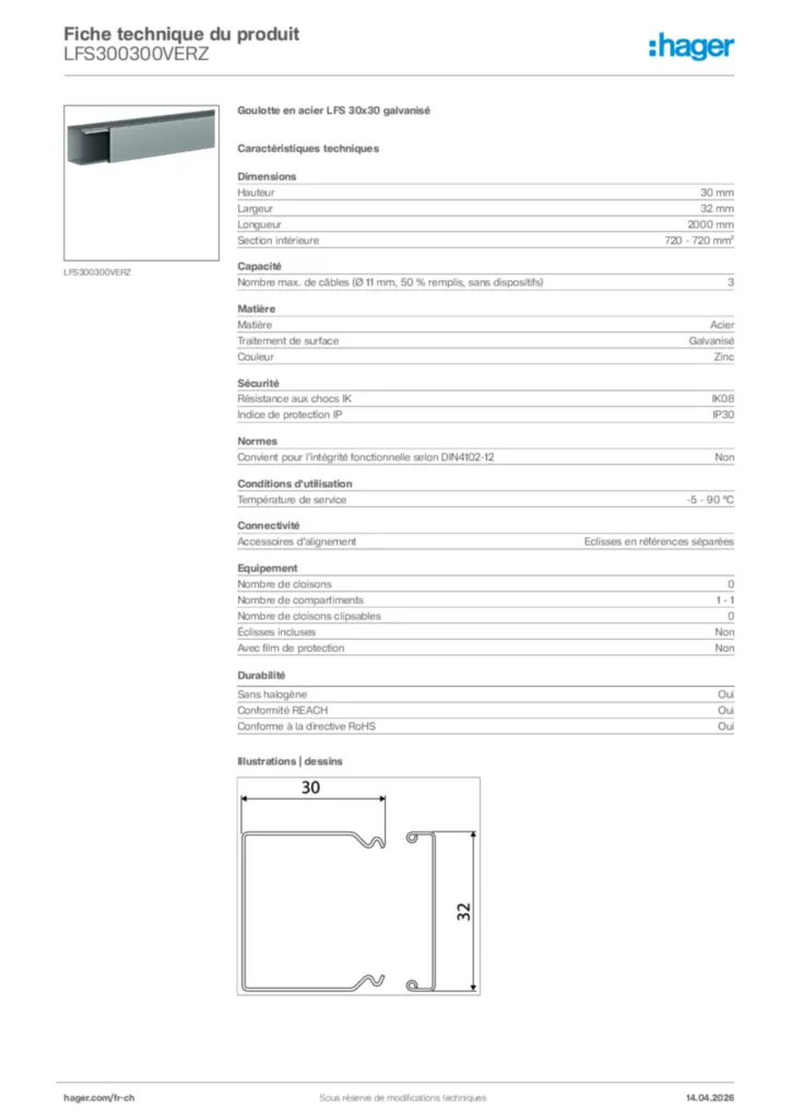 Image Hager Fiche technique du produit LFS300300VERZ | Hager Suisse