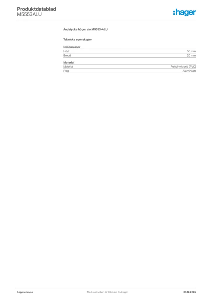 Bild Hager Produktdatablad M5553ALU | Hager Sverige