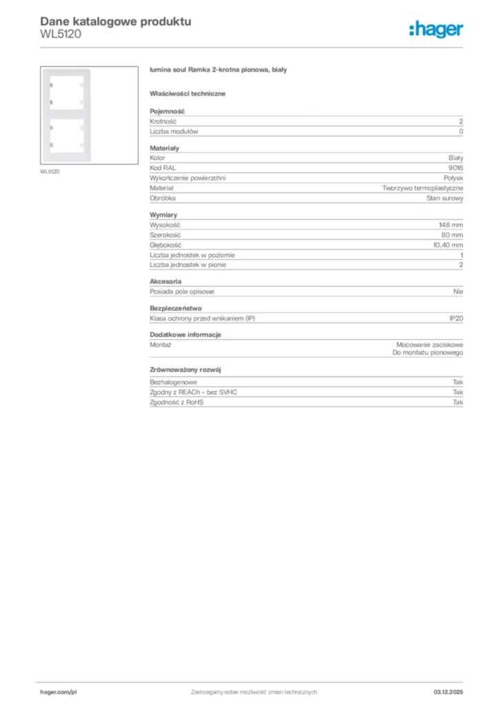 Zdjęcie Hager Karta katalogowa WL5120 | Hager Polska