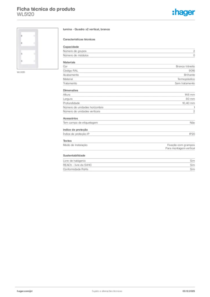 Imagem Hager Ficha técnica do produto WL5120 | Hager Portugal