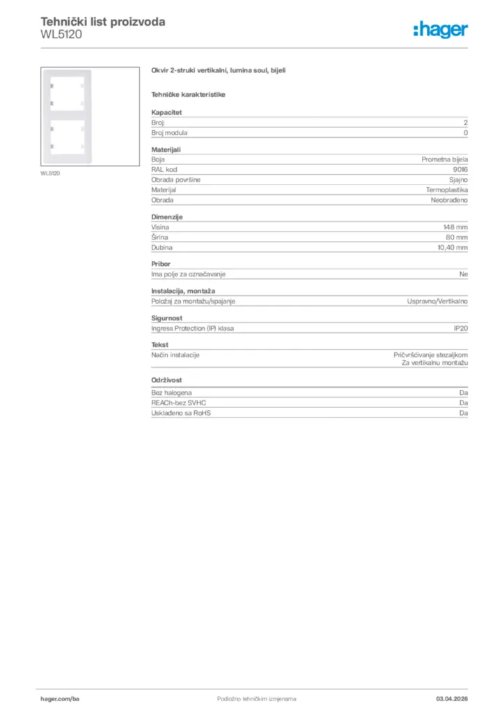 Slika Hager Tehnički list proizvoda WL5120  | Hager