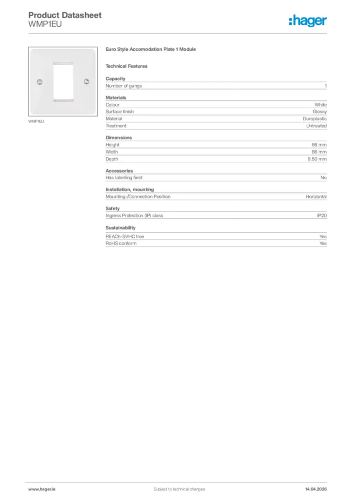 Image Hager Product data sheet WMP1EU  | Hager