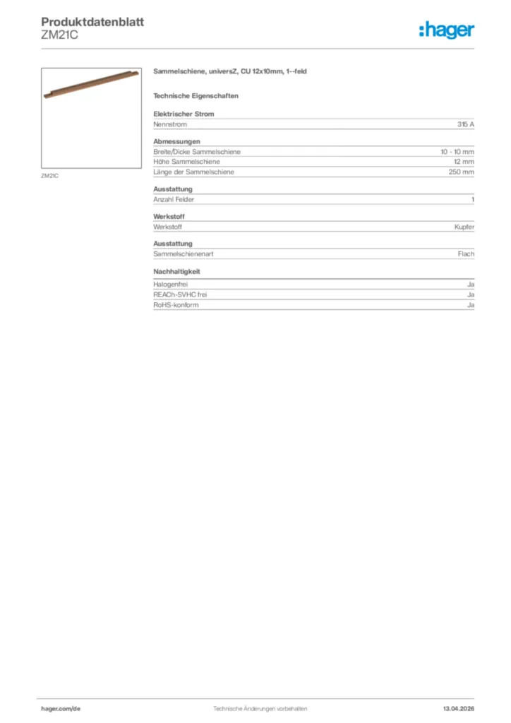 Bild Hager Produktdatenblatt ZM21C | Hager Deutschland