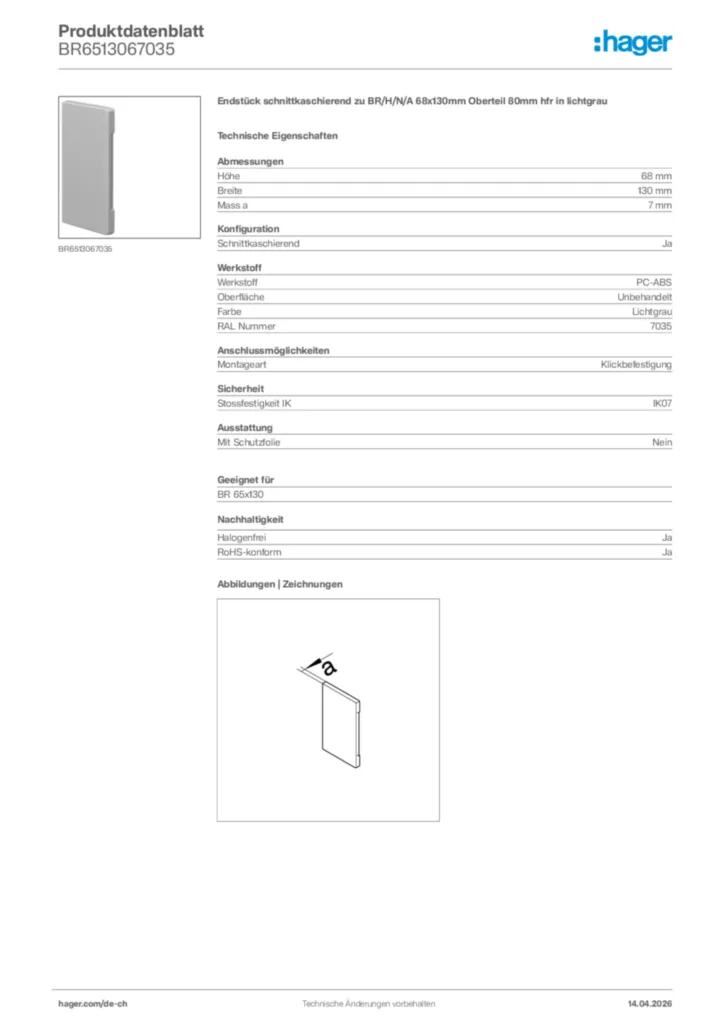 Bild Hager Produktdatenblatt BR6513067035 | Hager Schweiz