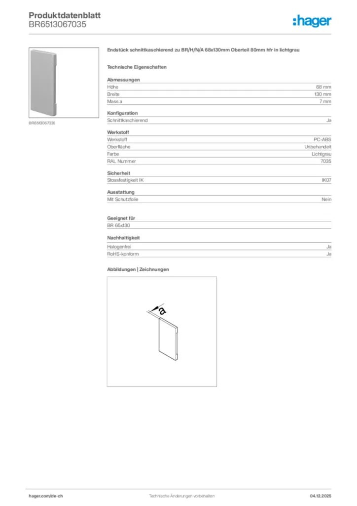 Bild Hager Produktdatenblatt BR6513067035 | Hager Schweiz