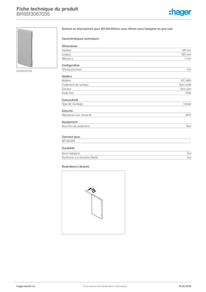 Image Hager Fiche technique du produit BR6513067035 | Hager Suisse
