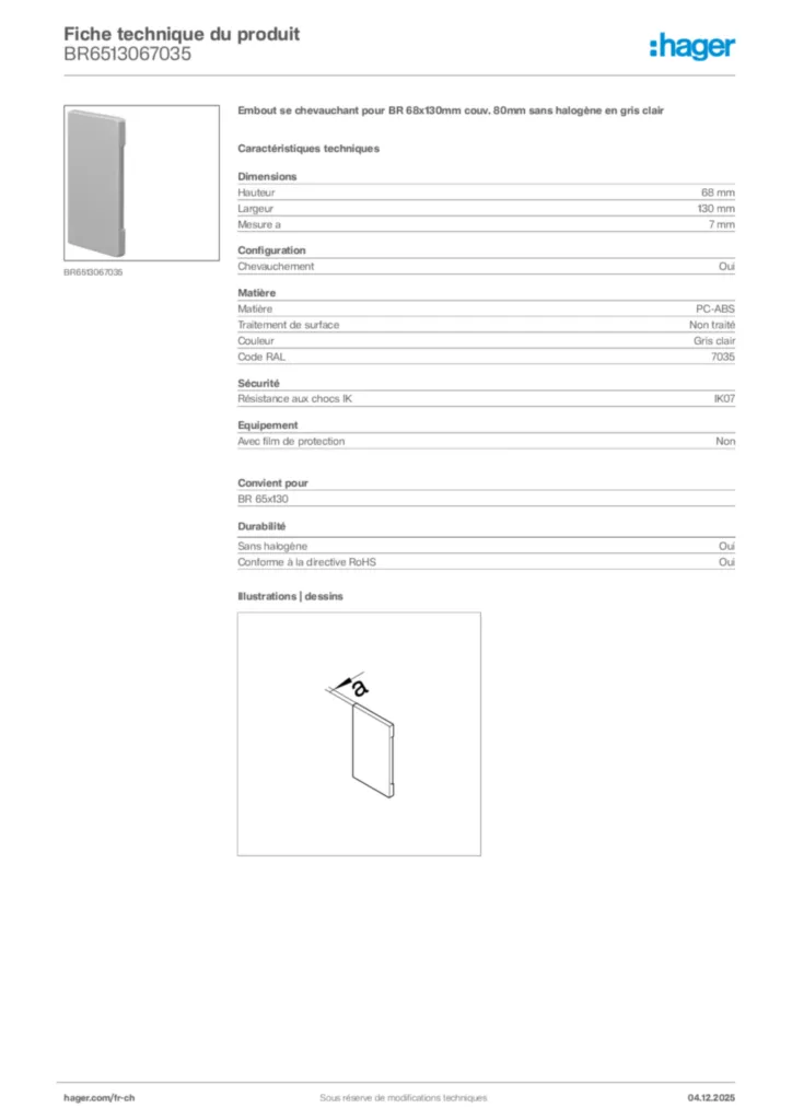 Image Hager Fiche technique du produit BR6513067035 | Hager Suisse