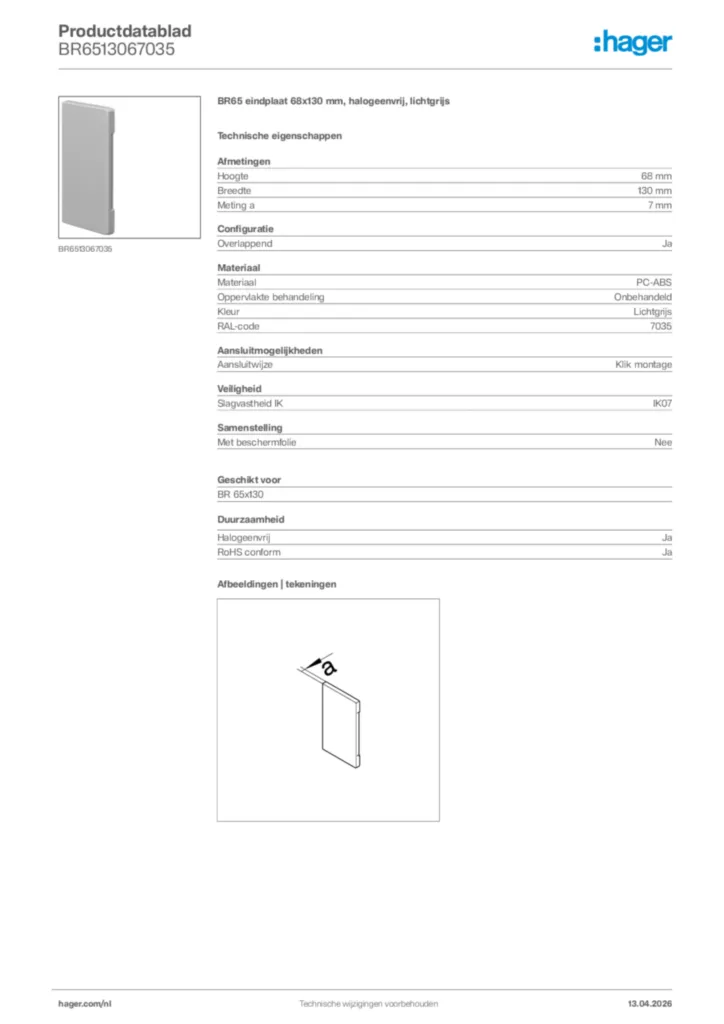 Afbeelding Hager Productdatablad BR6513067035 | Hager Nederland
