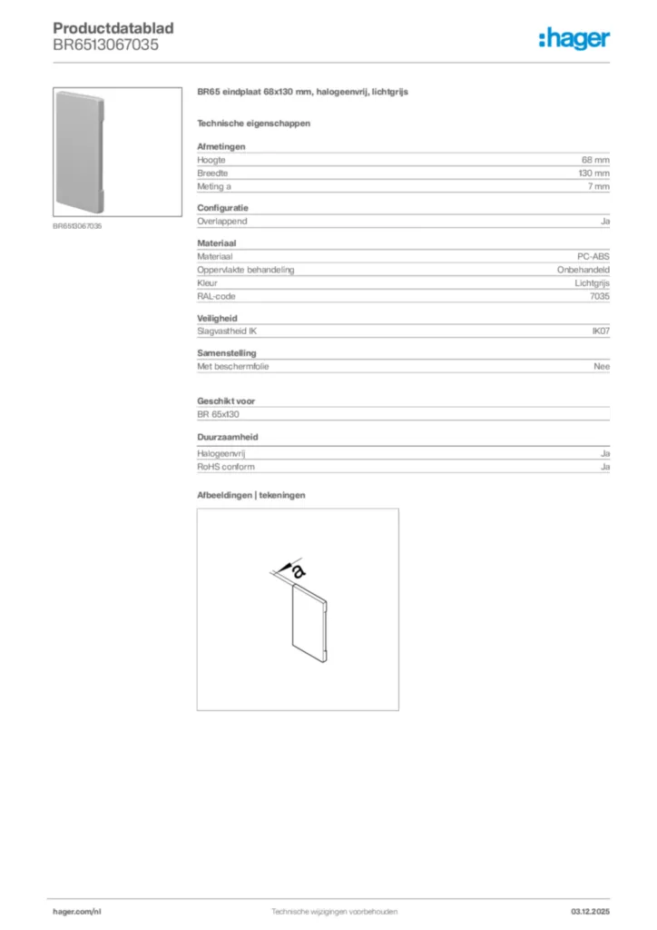 Afbeelding Hager Productdatablad BR6513067035 | Hager Nederland