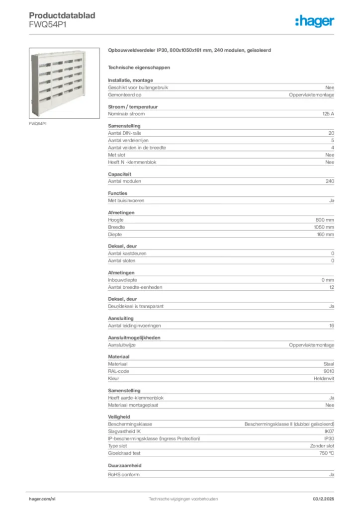 Afbeelding Hager Productdatablad FWQ54P1 | Hager Nederland