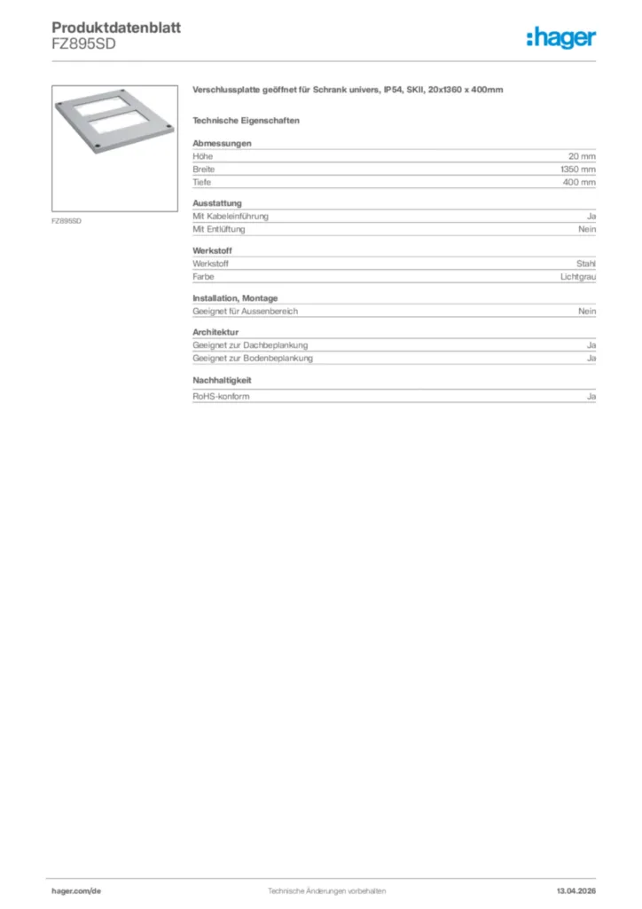 Bild Hager Produktdatenblatt FZ895SD | Hager Deutschland