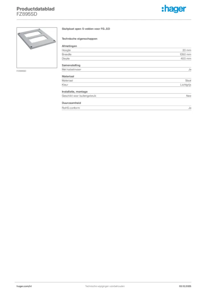 Afbeelding Hager Productdatablad FZ895SD | Hager Nederland