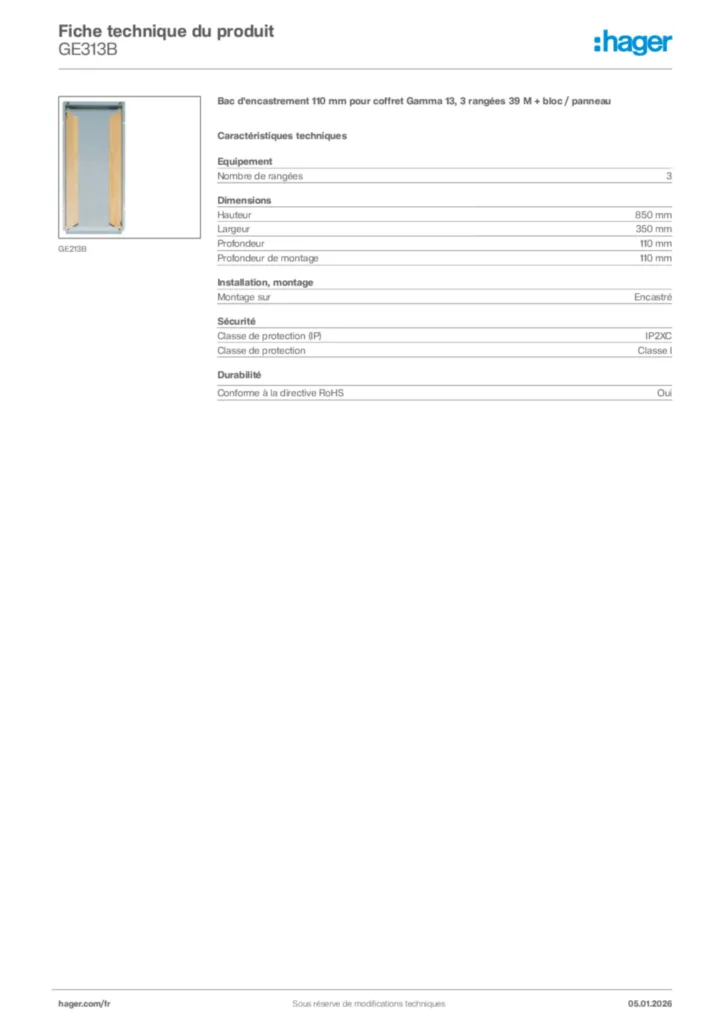 Image Hager Fiche technique du produit GE313B | Hager France