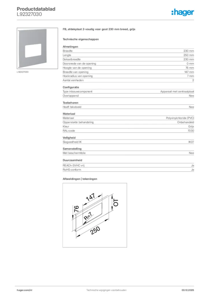 Afbeelding Hager Productdatablad L92327030 | Hager Nederland