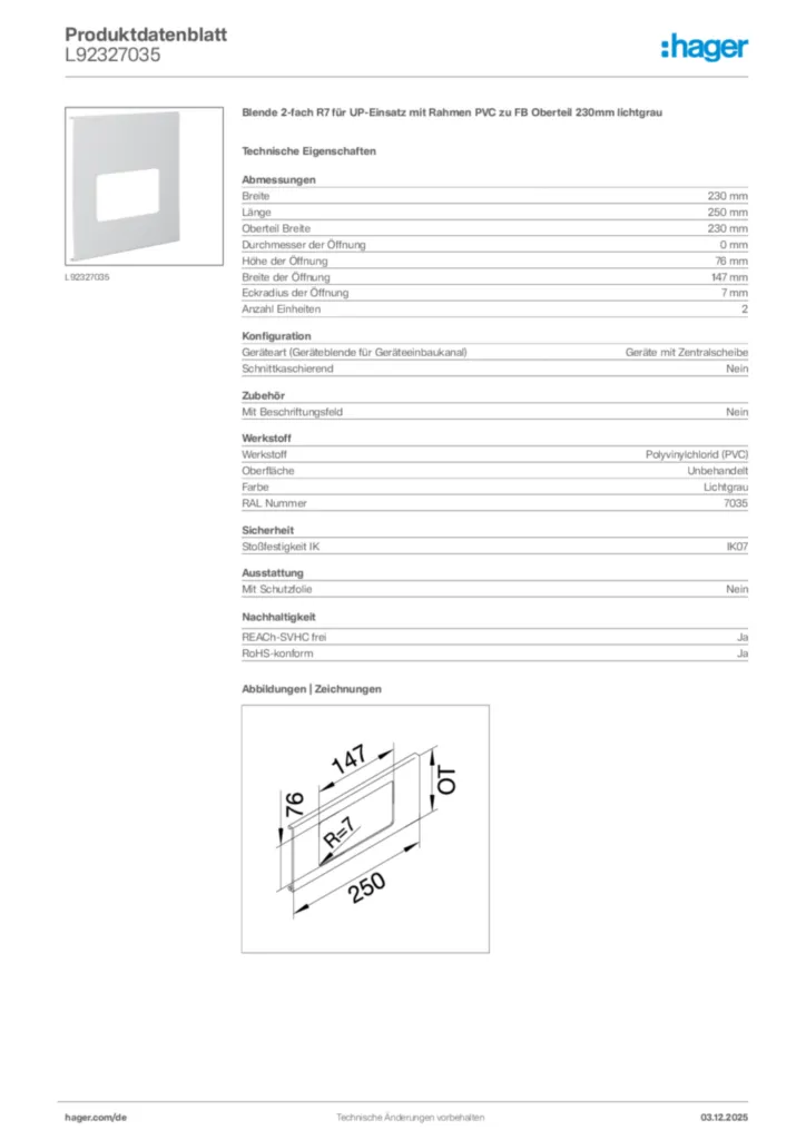 Hager Produktdatenblatt L92327035