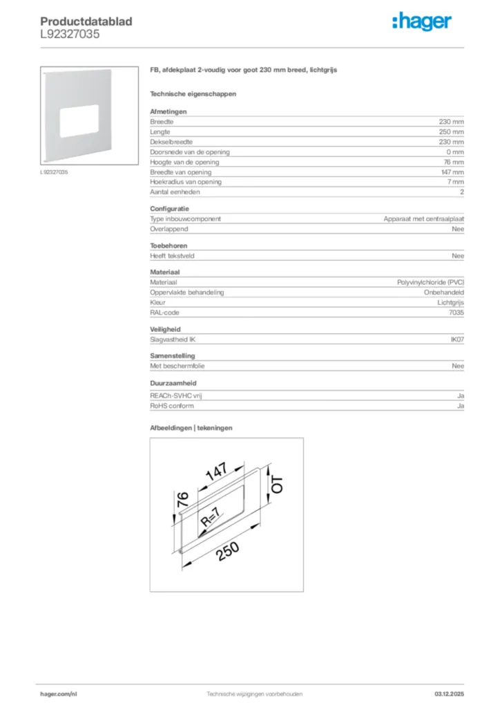 Afbeelding Hager Productdatablad L92327035 | Hager Nederland