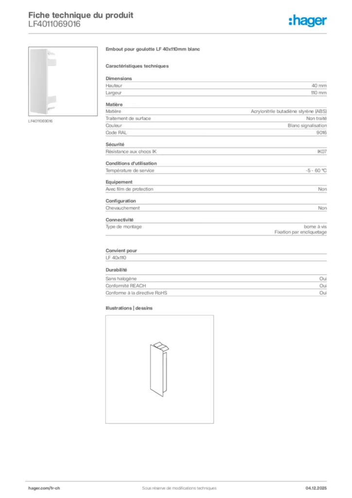 Image Hager Fiche technique du produit LF4011069016 | Hager Suisse