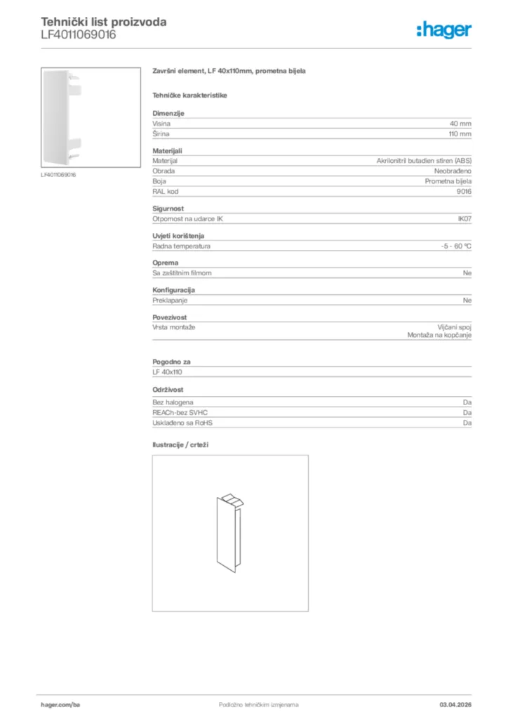 Slika Hager Tehnički list proizvoda LF4011069016  | Hager