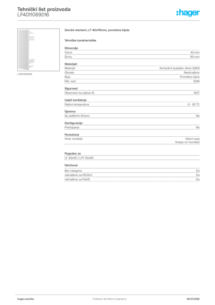 Slika Hager Product data sheet LF4011069016  | Hager