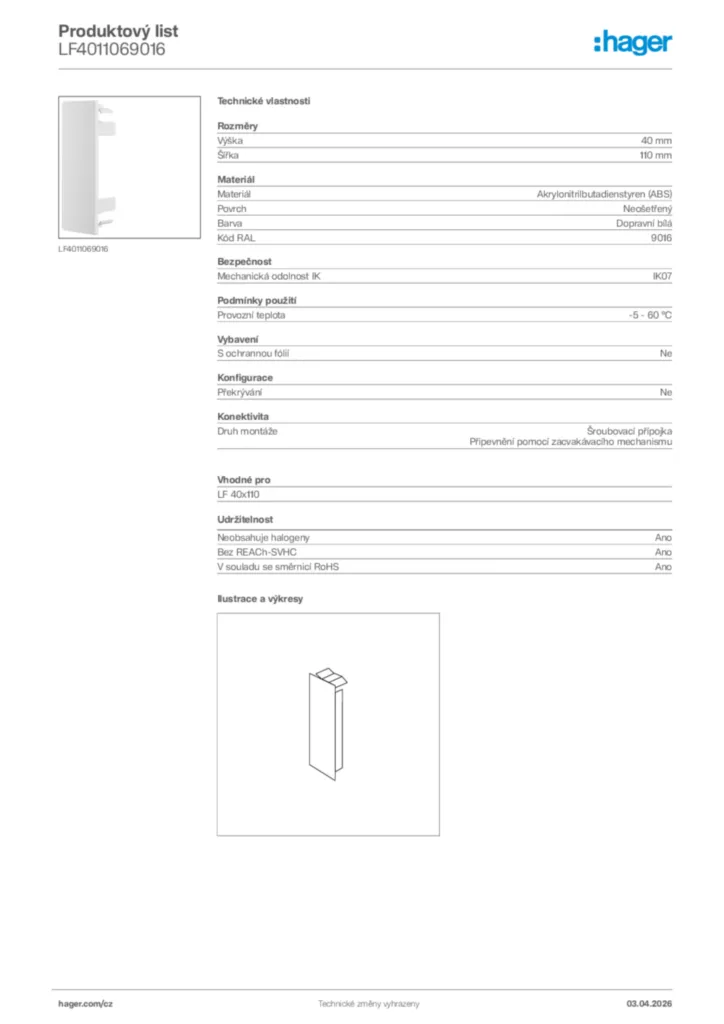 Obrázek Hager Product data sheet LF4011069016 | Hager